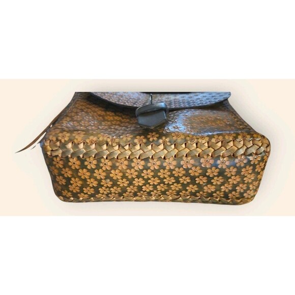 Leather Hand Tooled Mexican Crossbody Bag Floral Brown Green Cross Stich Tassel - Picture 6 of 11
